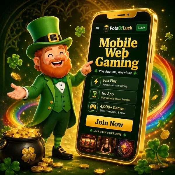 Lucky the leprechaun showcasing mobile app games on golden smartphone at PotsOfLuck