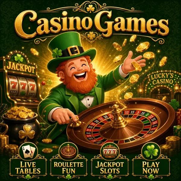 Lucky the Leprechaun celebrates at PotsOfLuck Casino Games roulette with golden coins swirling