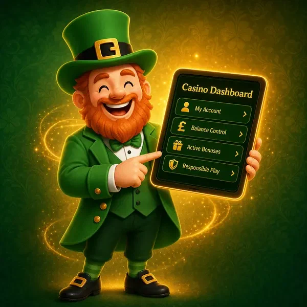 PotsOfLuck Casino login dashboard glowing as Lucky the leprechaun guides users through account access