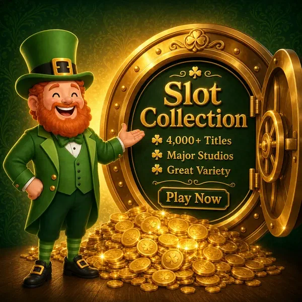 Lucky the leprechaun gestures toward PotsOfLuck slot games vault filled with golden coins