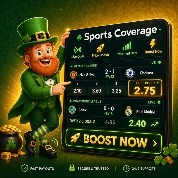 Lucky the Leprechaun pointing at live sports betting odds on PotsOfLuck Sports scoreboard