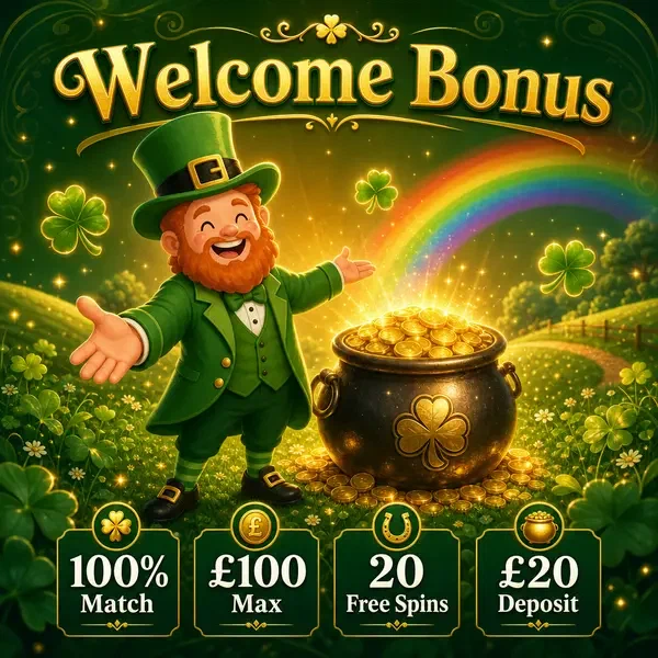 Lucky the Leprechaun presenting welcome bonus pot of gold at PotsOfLuck Casino rainbow meadow