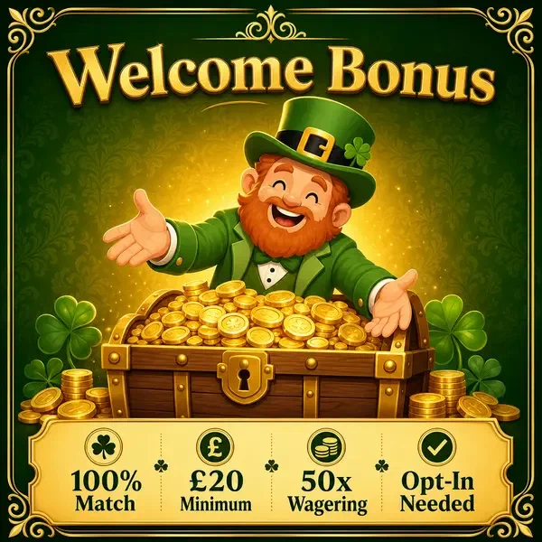 Lucky the Leprechaun celebrating welcome bonus at PotsOfLuck as new player signs up