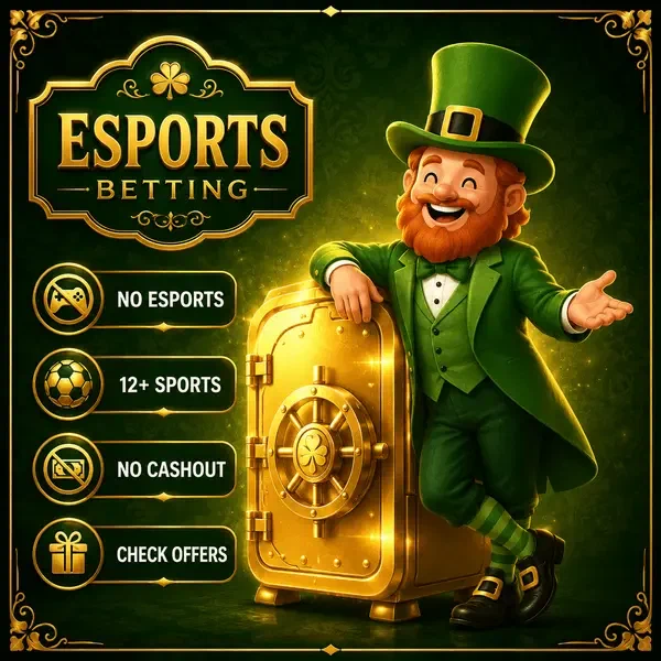 Lucky the Leprechaun showcasing PotsOfLuck Esports Betting vault for secure sports betting action