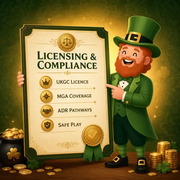 Lucky the Leprechaun proudly displays PotsOfLuck licensing certificate with golden compliance seals