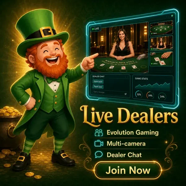 Lucky the Leprechaun pointing at Evolution Gaming live dealer hologram at PotsOfLuck Casino