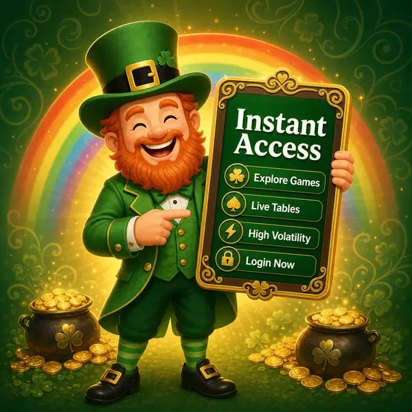 Lucky the Leprechaun presenting instant game library access on golden tablet after login at Instant Game Library Access After Login