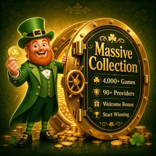 Lucky the Leprechaun opening golden vault revealing PotsOfLuck mobile app treasures and game collection
