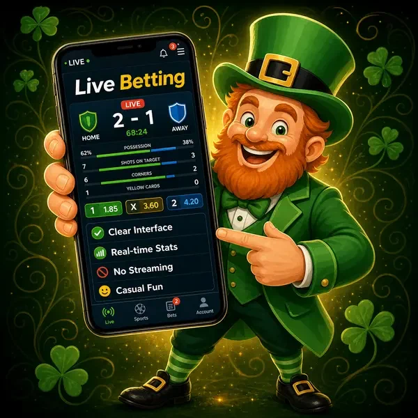 Lucky the Leprechaun points excitedly at PotsOfLuck sports betting updates on glowing smartphone screen