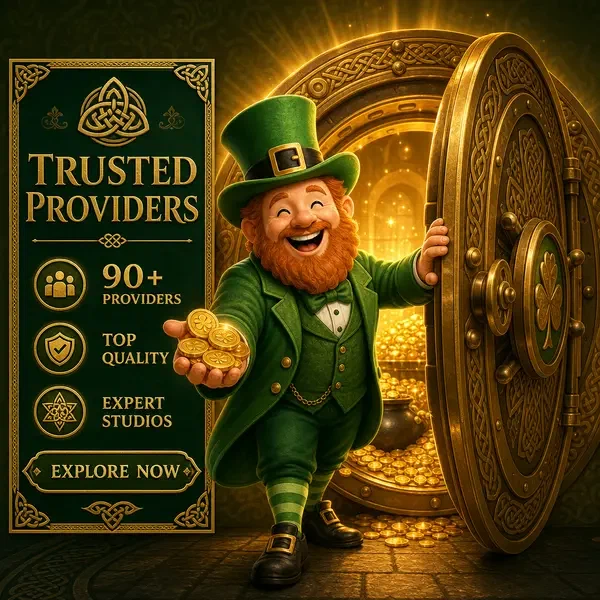 Lucky the Leprechaun opens golden vault revealing PotsOfLuck trusted providers collection