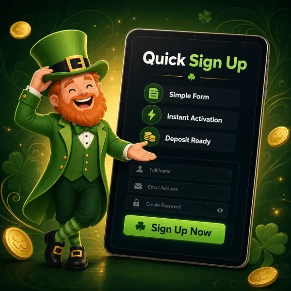 Lucky the leprechaun gestures toward tablet showing PotsOfLuck sign up form with warm smile