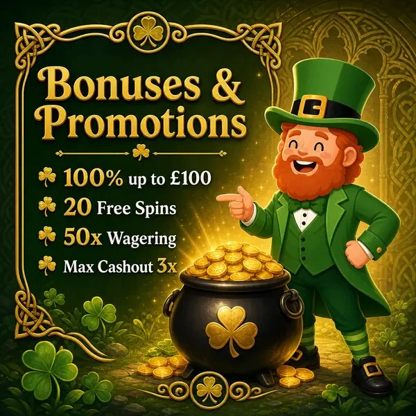 Lucky the Leprechaun gesturing at overflowing bonus treasure pot at PotsOfLuck Casino
