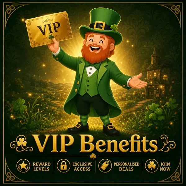 Lucky the Leprechan holding golden VIP card at PotsOfLuck exclusive rewards program