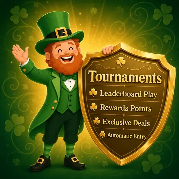 Lucky the leprechaun holding golden tournament leaderboard at PotsOfLuck Casino