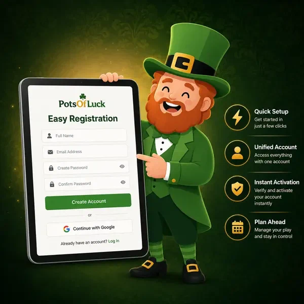 Lucky the leprechaun pointing at PotsOfLuck sign up form on glowing tablet screen
