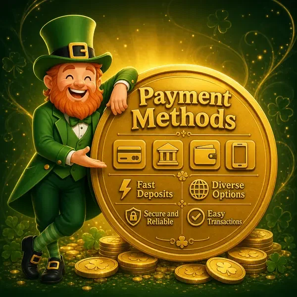 Lucky the leprechaun showcasing PotsOfLuck payment methods on golden coin display