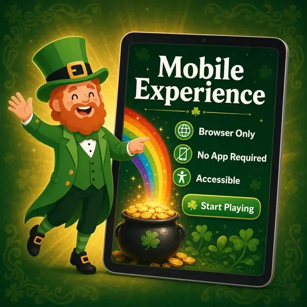 Lucky the Leprechaun pointing at tablet showing PotsOfLuck mobile experience with rainbow gaming interface